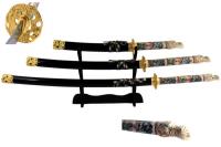 K-3002-4-BK - 3 Piece Sword Set, Closed Mouth Set, Includes Display Stand