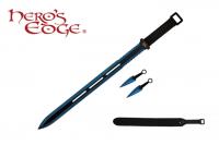 K1020-69-BL - Technicolor Ninja Sword w/ Throwing Knives 28&quot; Blue