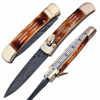 Lever Lock Damascus Deaths Door Pocket Knife