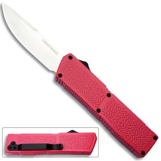 Lightning Pink Handle OTF Automatic Silver Drop Point Blade