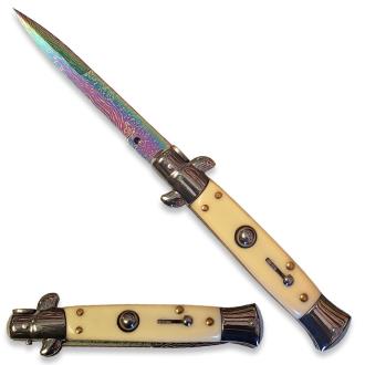 Rainbow Damascus Pattern Ivory Color Handle Automatic Stiletto Switchblade Knife