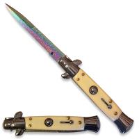 PA-98-RBIV - Rainbow Damascus Pattern Ivory Color Handle Automatic Stiletto Knife