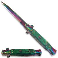PA-98-RBMGRN - Stiletto Switchblade Rainbow Blade Automatic Knife Green Handle