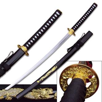 Samurai Sword with Gold Dragon on Black Scabbard - Carbon Steel