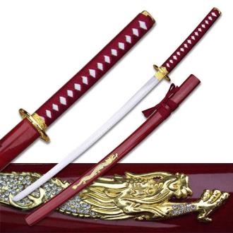 Samurai Sword with Gold Dragon on Red Scabbard - Carbon Steel