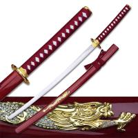 SE-463GDR. - Samurai Sword with Gold Dragon on Red Scabbard - Carbon Steel