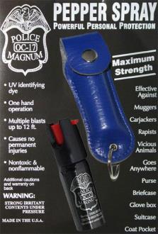 1/2oz Police Strength pepper spray- blue leather pouch /keychain