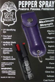 1/2oz Police Strength pepper spray-purple leather pouch /keychain
