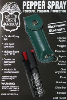 Police Strength Pepper Spray Green Leather Pouch/Keychain
