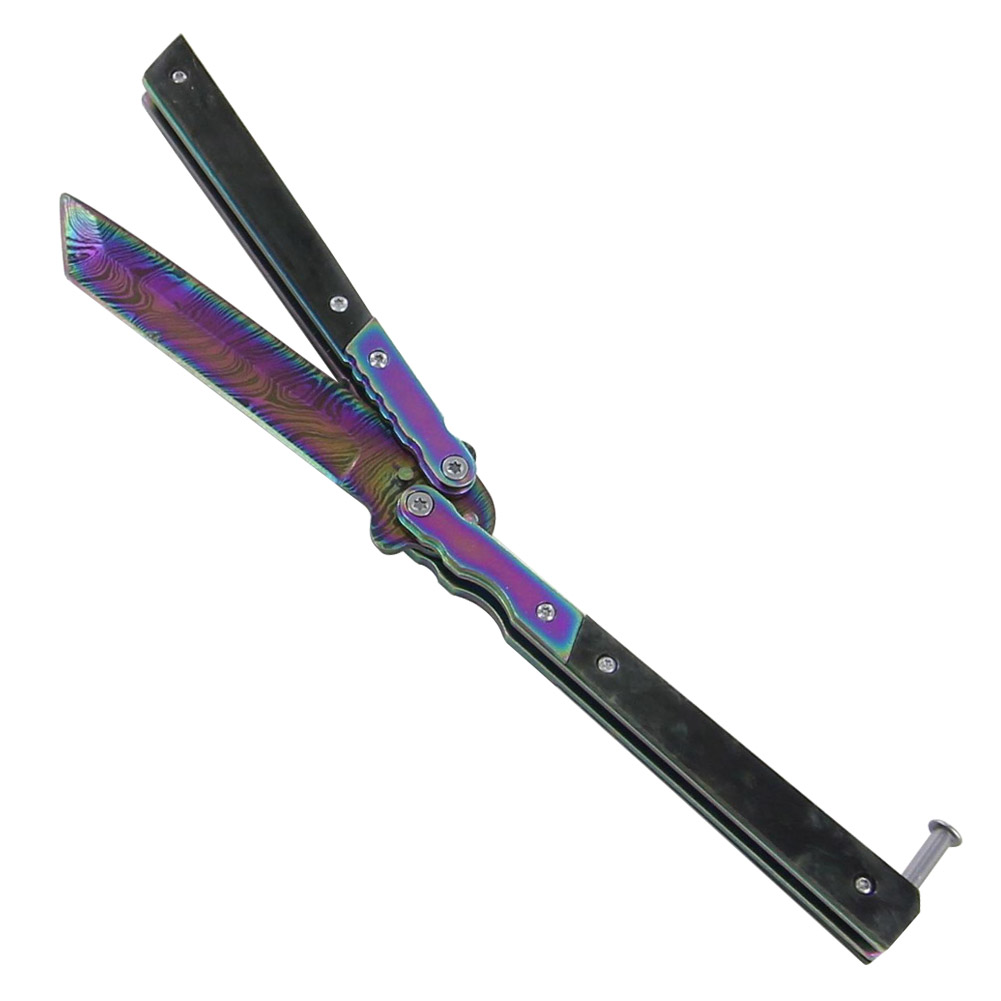 Eye of the Tiger Rainbow Damascus Steel Butterfly Knife