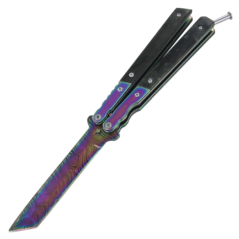 Eye of the Tiger Rainbow Damascus Steel Butterfly Knife