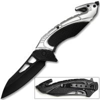 WDF-280GY - White Deer Tactical Knife with Glass Breaker Silver and Black